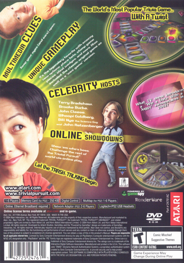 Trivial Pursuit: Unhinged – PlayStation 2 (PS2) video game back of case, party trivia game.