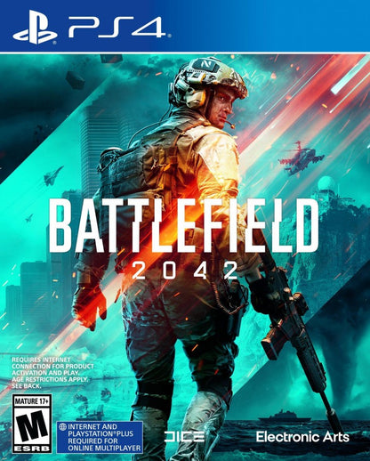 Battlefield 2042 PS4 inspired design featuring futuristic military shooter aesthetic large scale warfare dynamic battlefields advanced weaponry intense multiplayer combat tactical team based action near future military conflict presentation front cover