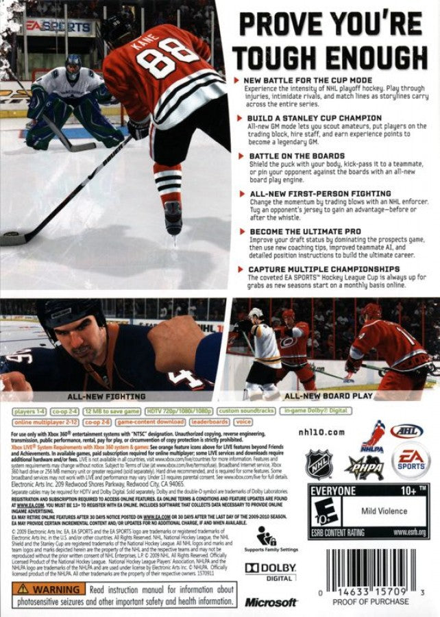 NHL 10 back of case for Xbox 360 (X360) sports ice hockey video game