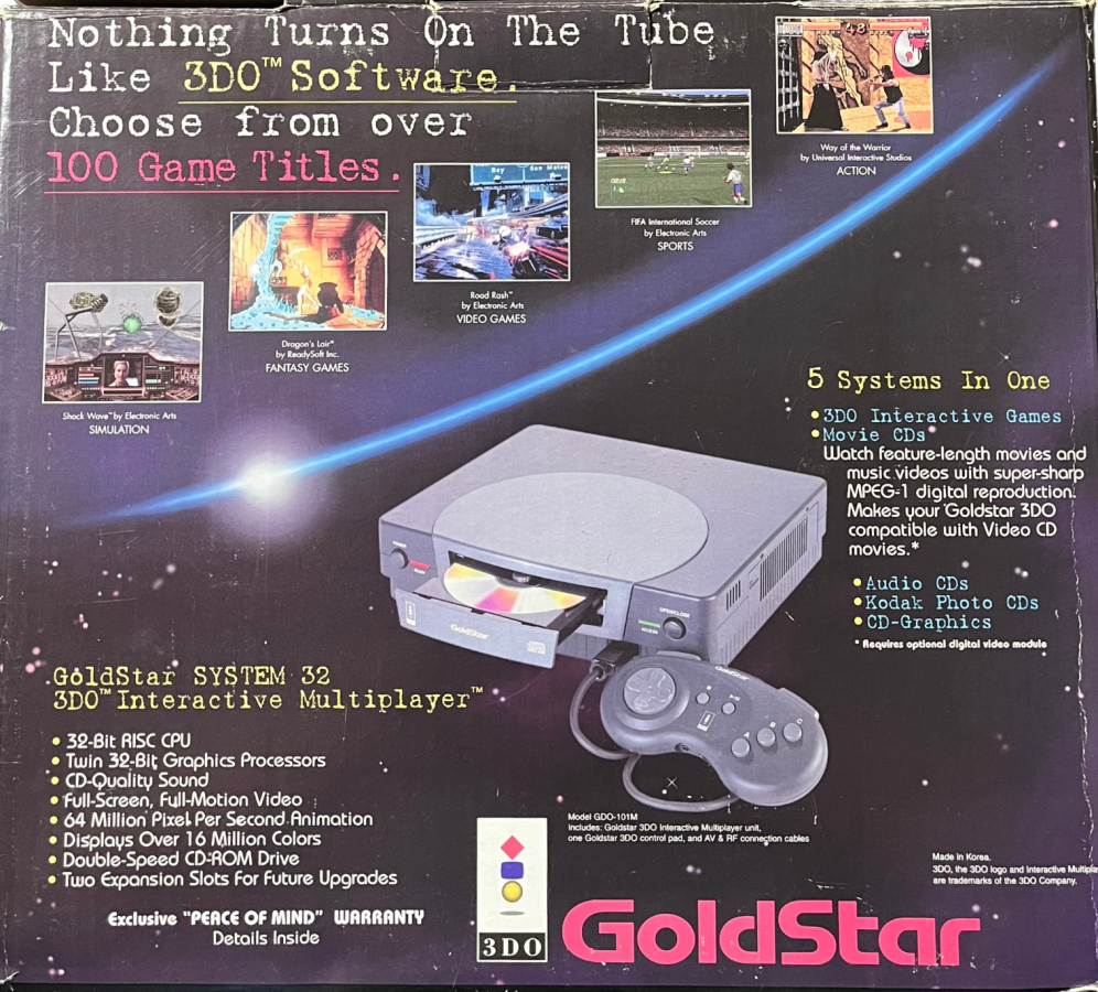 Goldstar 3DO console Panasonic 3DO compatible system CD based gaming console retro hardware multiplayer ports FMV games vintage gaming system home console 3DO Interactive Multiplayer Goldstar system box back