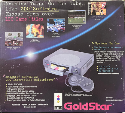 Goldstar 3DO console Panasonic 3DO compatible system CD based gaming console retro hardware multiplayer ports FMV games vintage gaming system home console 3DO Interactive Multiplayer Goldstar system box back