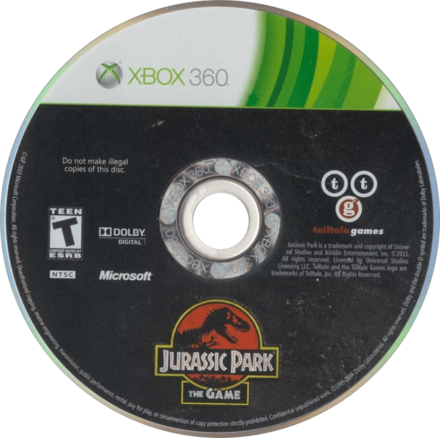 Jurassic Park: The Game disc for Xbox 360 (X360) episodic graphic adventure video game