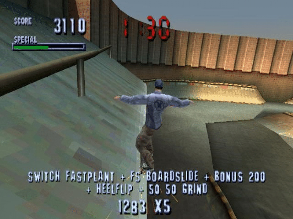 Tony Hawk’s Pro Skater gameplay for PlayStation 1 (PS1) video game, skateboarding sports action, trick-based gameplay, classic extreme sports title 