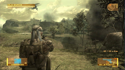 Metal Gear Solid 4 Guns of the Patriots Greatest Hits PlayStation 3 tactical espionage action stealth video game Solid Snake final mission Old Snake Drebin Points system Octocamo camouflage Metal Gear Mk II robot companion battlefield environment control Hideo Kojima conclusion epic storyline online multiplayer modes gameplay screenshot