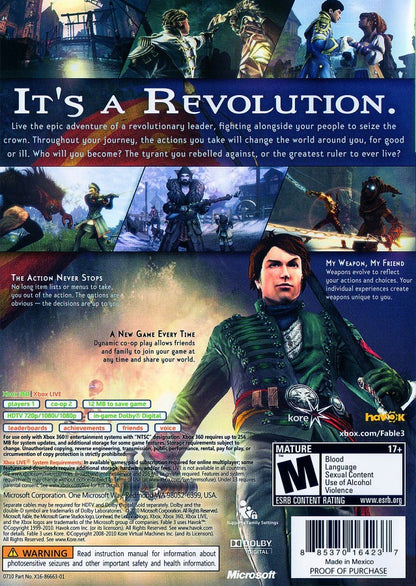 Fable III back cover art for Xbox 360 (X360) action role-playing video game