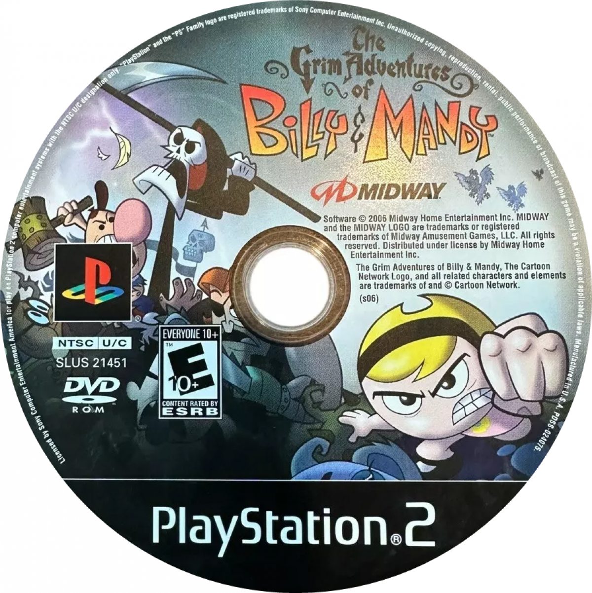 The Grim Adventures of Billy & Mandy PS2 Sony PlayStation 2 action platformer based on Cartoon Network series The Grim Adventures of Billy & Mandy chaotic cartoon comedy gameplay mini games arena battles Grim Reaper characters kids party style retro gaming PlayStation 2 software video game title disc