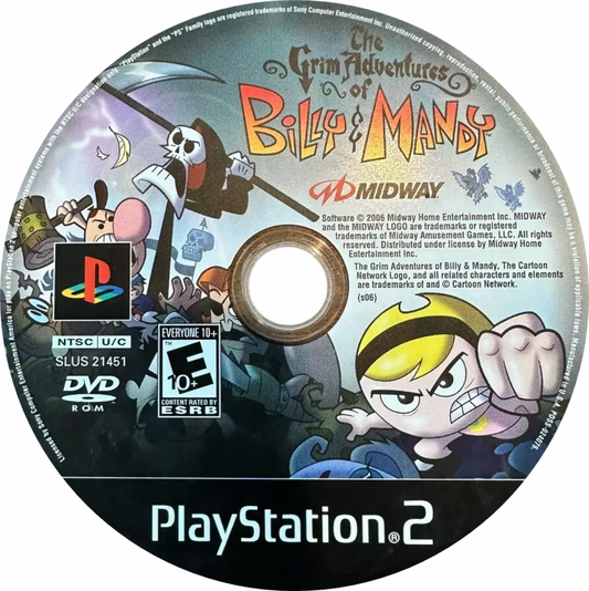 The Grim Adventures of Billy & Mandy PS2 Sony PlayStation 2 action platformer based on Cartoon Network series The Grim Adventures of Billy & Mandy chaotic cartoon comedy gameplay mini games arena battles Grim Reaper characters kids party style retro gaming PlayStation 2 software video game title disc