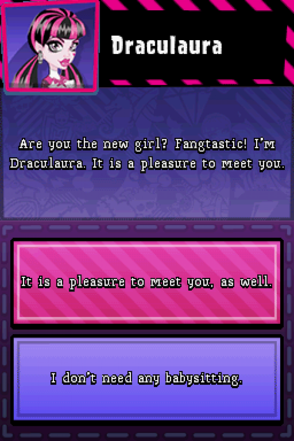 Monster High: Ghoul Spirit for Nintendo DS — a school-life adventure where you create your own ghoul, attend classes, complete tasks, build friendships with famous Monster High characters, and uncover spooky mysteries around the school dialogue screen