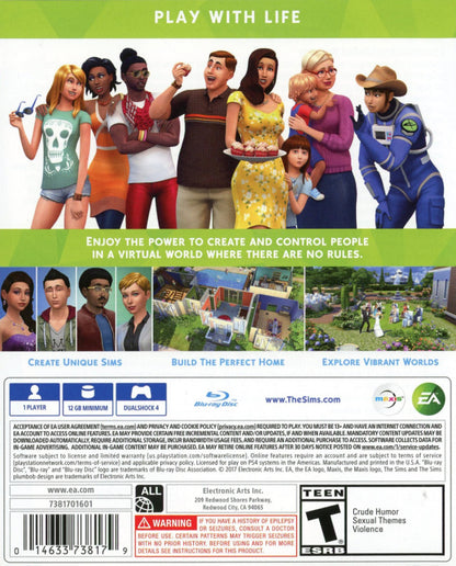 The Sims 4 for PlayStation 4, back of case for a life simulation video game with character creation, home building, social interactions, and sandbox lifestyle gameplay