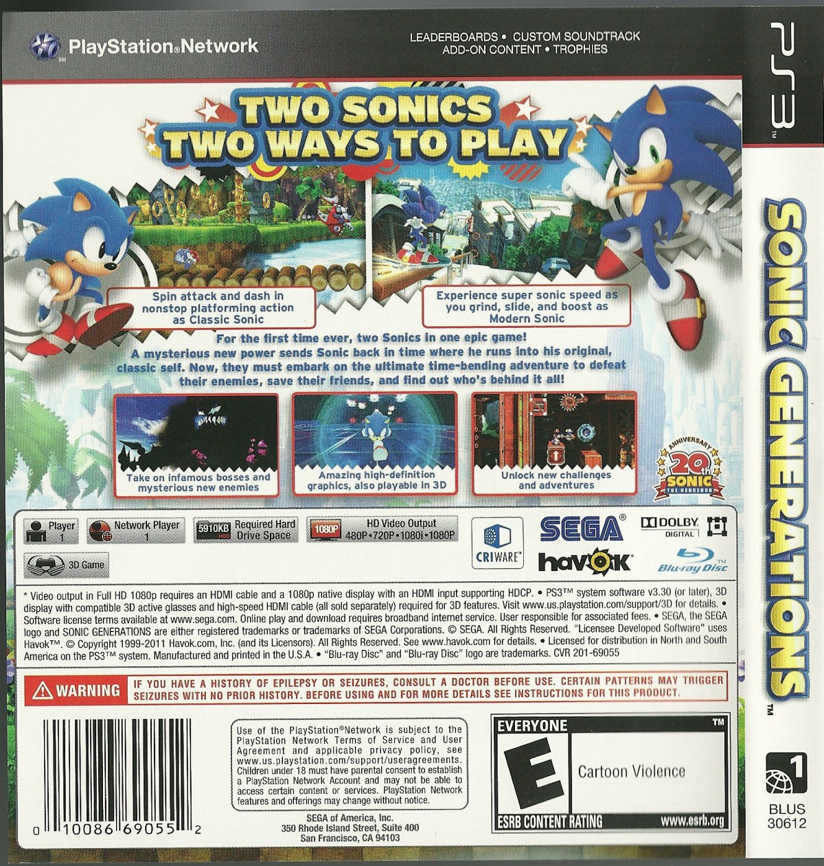 Sonic Generations Greatest Hits PlayStation 3 PS3 for retro video game enthusiasts featuring high speed platforming gameplay classic and modern Sonic adventures side scrolling and 3D action iconic stages challenging boss battles and collectible gaming appeal back cover