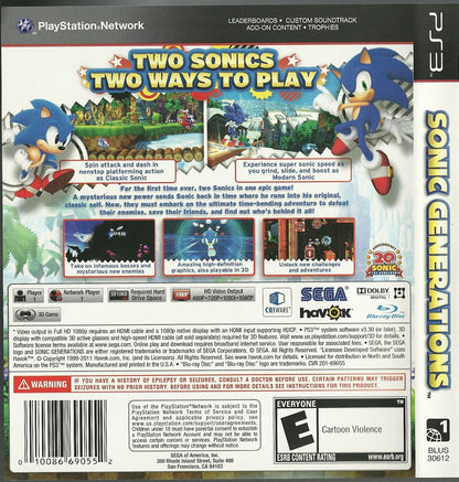 Sonic Generations Greatest Hits PlayStation 3 PS3 for retro video game enthusiasts featuring high speed platforming gameplay classic and modern Sonic adventures side scrolling and 3D action iconic stages challenging boss battles and collectible gaming appeal back cover
