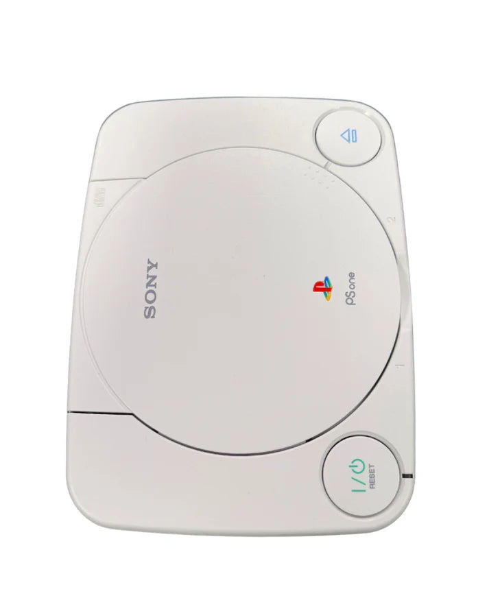 PlayStation PSone Slim console for retro video game enthusiasts featuring compact original Sony hardware built in controller ports PlayStation PS1 game compatibility memory card support AV output classic gaming system collectible gaming appeal front view