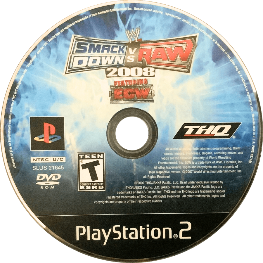 WWE SmackDown vs. Raw 2008 – PlayStation 2 (PS2) video game disc, pro wrestling.