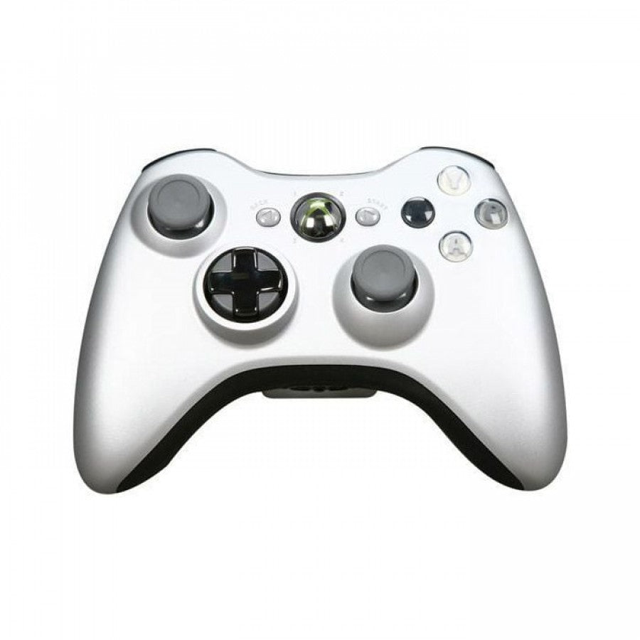 Silver Xbox 360 controller with ergonomic design and classic Xbox button layout