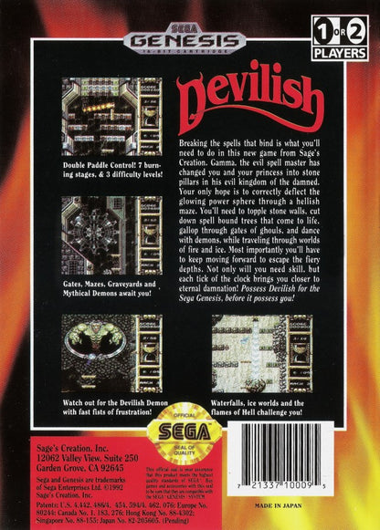 Devilish The Next Possession Sega Genesis GEN for retro video game enthusiasts featuring fantasy pinball action gameplay paddle based mechanics magical themed stages challenging bosses unique arcade style gameplay and collectible gaming appeal back cover