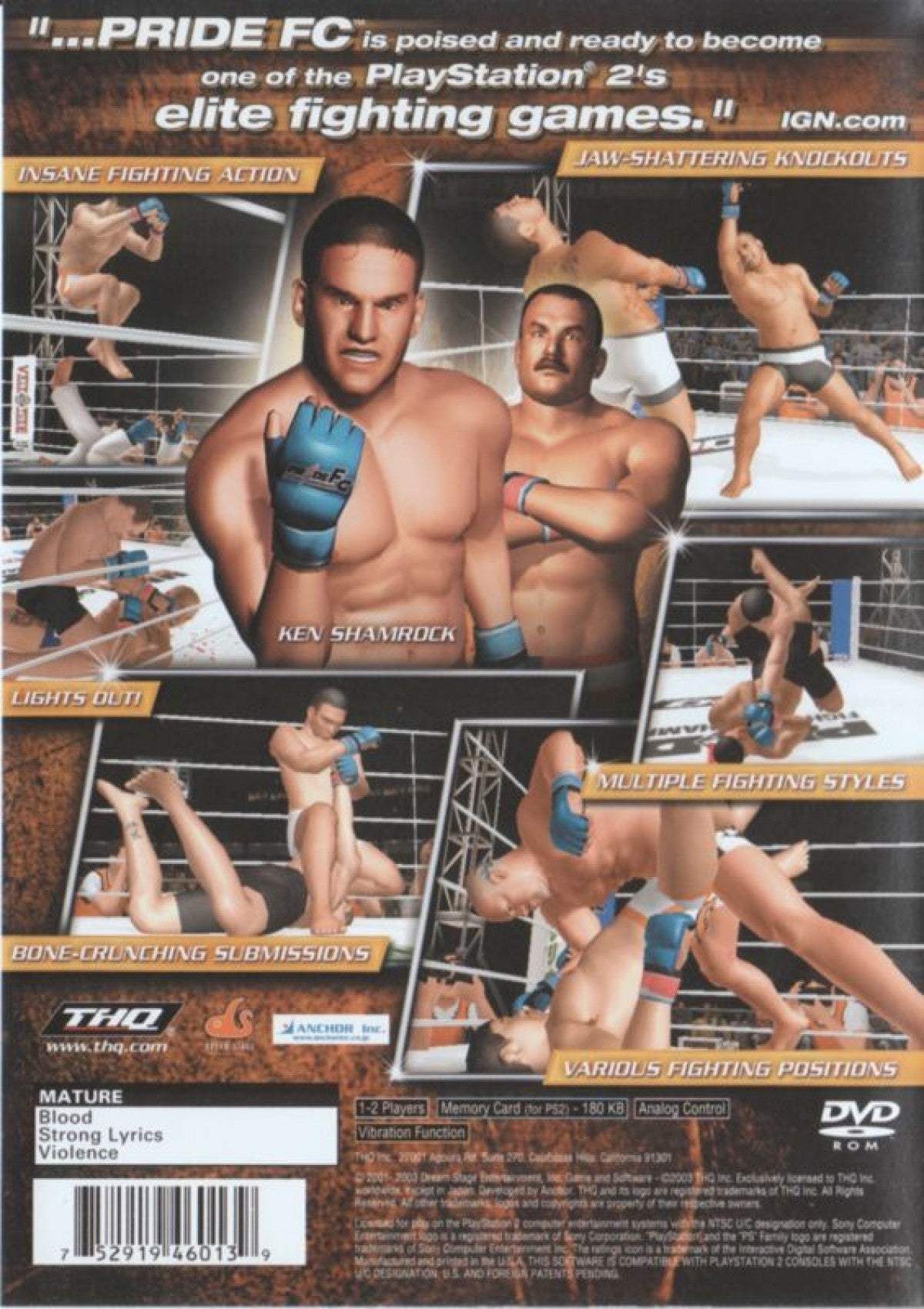 Pride FC back cover art for PlayStation 2 (PS2) MMA video game.