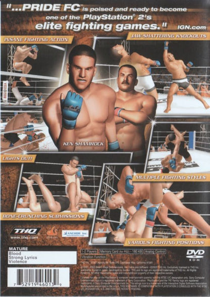 Pride FC back cover art for PlayStation 2 (PS2) MMA video game.