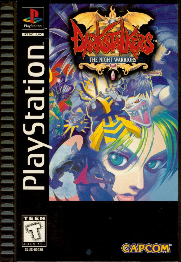 Darkstalkers The Night Warriors PS1 PlayStation 1 fighting game arcade style 2D combat monster themed Capcom retro video game cover art long box edition