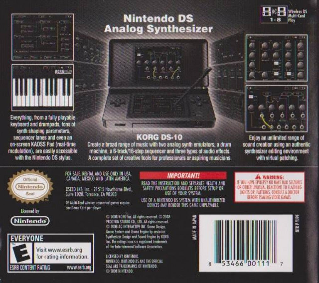 KORG DS-10 Synthesizer back of case for Nintendo DS (DS) music creation simulation video game