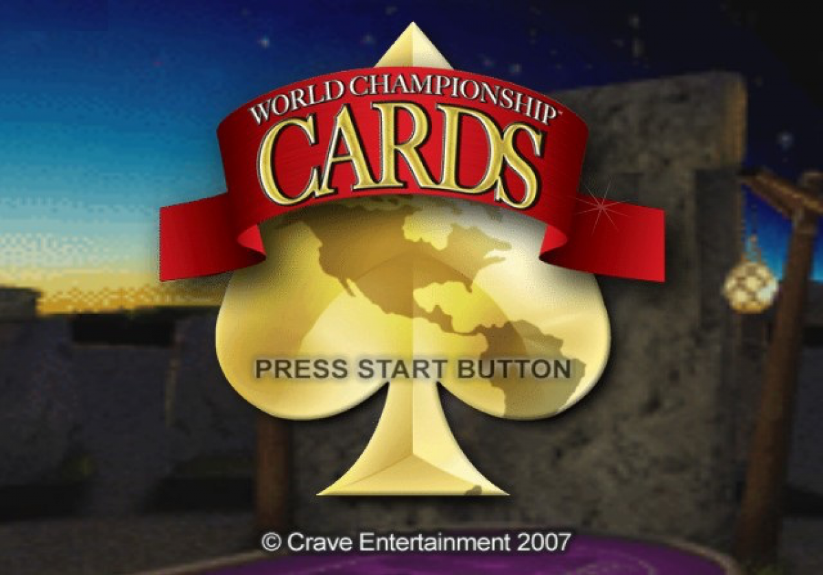 World Championship Cards PlayStation 2 card game compilation featuring classic games poker solitaire bridge hearts spades euchre cribbage multiplayer modes Casino Magic license main menu title screen