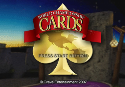 World Championship Cards PlayStation 2 card game compilation featuring classic games poker solitaire bridge hearts spades euchre cribbage multiplayer modes Casino Magic license main menu title screen
