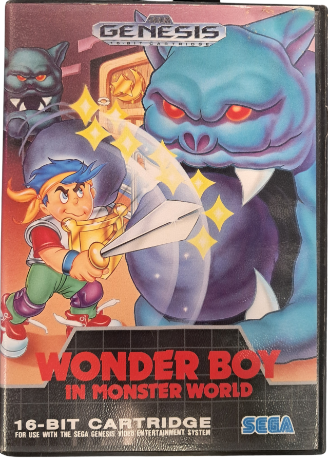 Wonder Boy in Monster World Sega Genesis GEN for retro video game enthusiasts featuring action role playing platforming gameplay fantasy world exploration sword combat character progression memorable dungeons colorful 16 bit adventure and collectible gaming appeal front cover