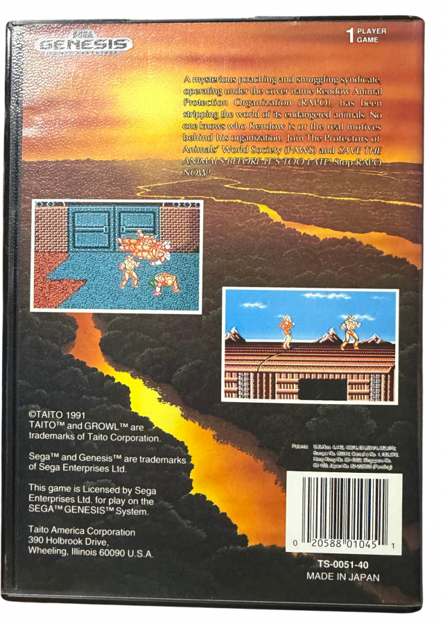 Growl Sega Genesis video game cartridge classic 16 bit arcade action game for retro gaming collectors Sega fans vintage video game enthusiasts Genesis game collection classic video games and retro gaming fans back cover art