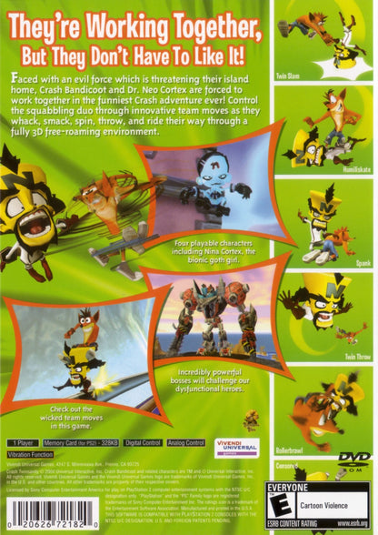 Crash Twinsanity for PlayStation 2 with 3D platforming adventure and comedic gameplay back cover art
