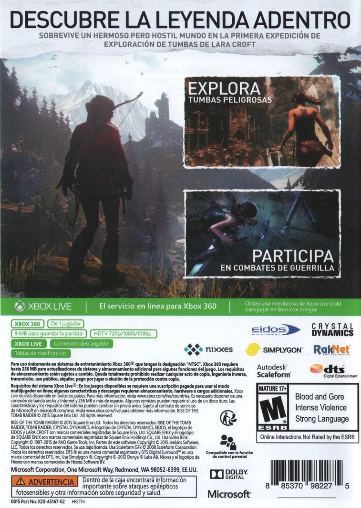 Rise of the Tomb Raider Xbox 360 action-adventure sequel Lara Croft Siberian expedition lost city of Kitezh secret of immortality tombs puzzles guerrilla combat crafting survival skills wildlife enemies Trinity organization back cover