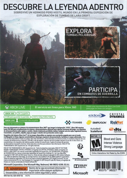Rise of the Tomb Raider Xbox 360 action-adventure sequel Lara Croft Siberian expedition lost city of Kitezh secret of immortality tombs puzzles guerrilla combat crafting survival skills wildlife enemies Trinity organization back cover