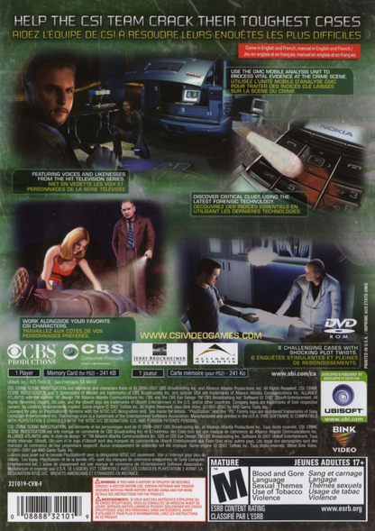 CSI: Dimensions of Murder for PlayStation 2 with crime investigation and forensic mystery back cover art