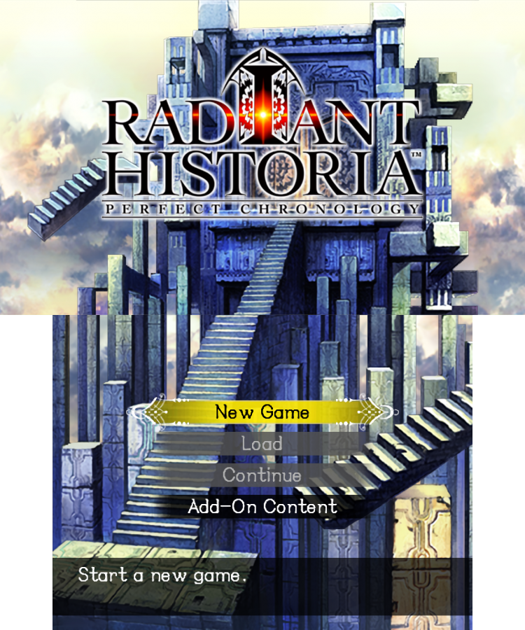 Radiant Historia: Perfect Chronology start menu for Nintendo 3DS (3DS) role-playing video game