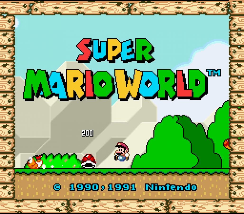 Super Mario World title screen for Super Nintendo Entertainment System (SNES) retro video game