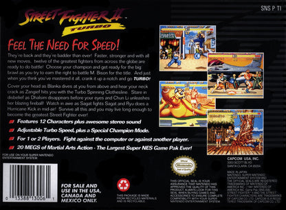 Street Fighter II Turbo for Super Nintendo fighting game featuring fast paced arcade battles classic Capcom characters versus mode special moves and competitive gameplay back cover art 