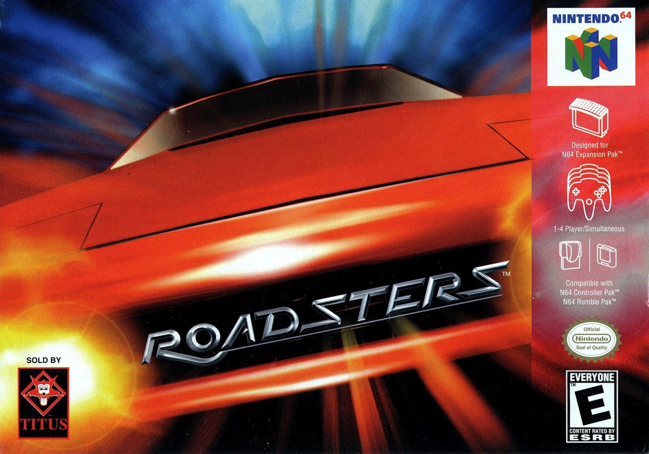 Roadsters Nintendo 64 N64 for arcade racing video game fans featuring high speed sports cars colorful tracks challenging race events vehicle customization drifting power ups multiplayer competition and fast paced classic Nintendo 64 racing gameplay collectible gaming appeal front cover art