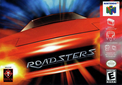 Roadsters Nintendo 64 N64 for arcade racing video game fans featuring high speed sports cars colorful tracks challenging race events vehicle customization drifting power ups multiplayer competition and fast paced classic Nintendo 64 racing gameplay collectible gaming appeal front cover art