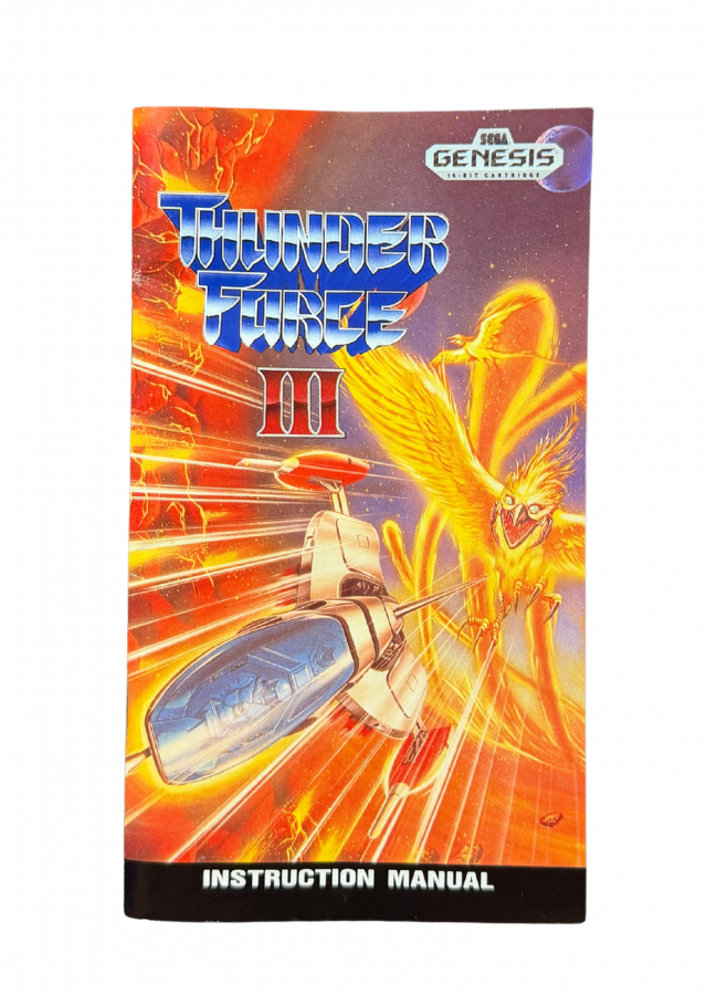 Thunder Force III Sega Genesis video game cartridge classic 16 bit shoot em up action game for retro gaming collectors Sega fans vintage video game enthusiasts Genesis game collection and classic gaming fans front of manual