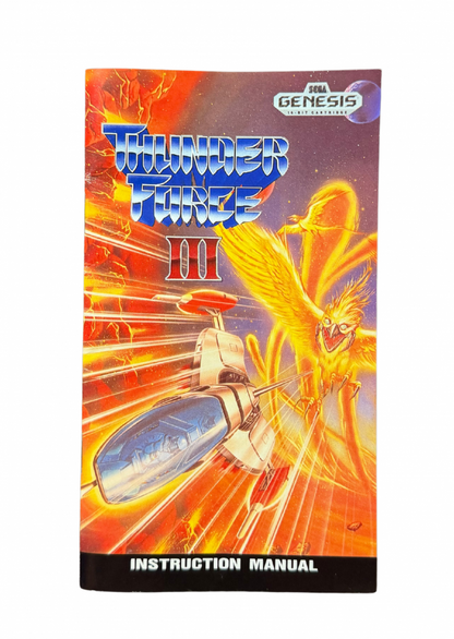 Thunder Force III Sega Genesis video game cartridge classic 16 bit shoot em up action game for retro gaming collectors Sega fans vintage video game enthusiasts Genesis game collection and classic gaming fans front of manual