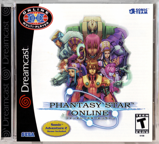 Phantasy Star Online for Sega Dreamcast (DC) at Gamers INC, featuring the revolutionary RPG experience that brought online multiplayer to consoles for the first time, where you create a custom hunter to explore the mysterious planet Ragol, battle formidable monsters in real-time combat, and team up with players worldwide in a landmark sci-fi adventure front cover