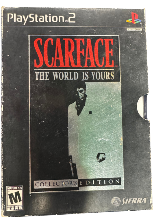 Scarface The World Is Yours Collector's Edition video game collectible featuring Tony Montana open-world crime action gameplay Miami exploration gunfights vehicle driving weapons missions character interactions and special Collector's Edition content collectible gaming appeal cover art 
