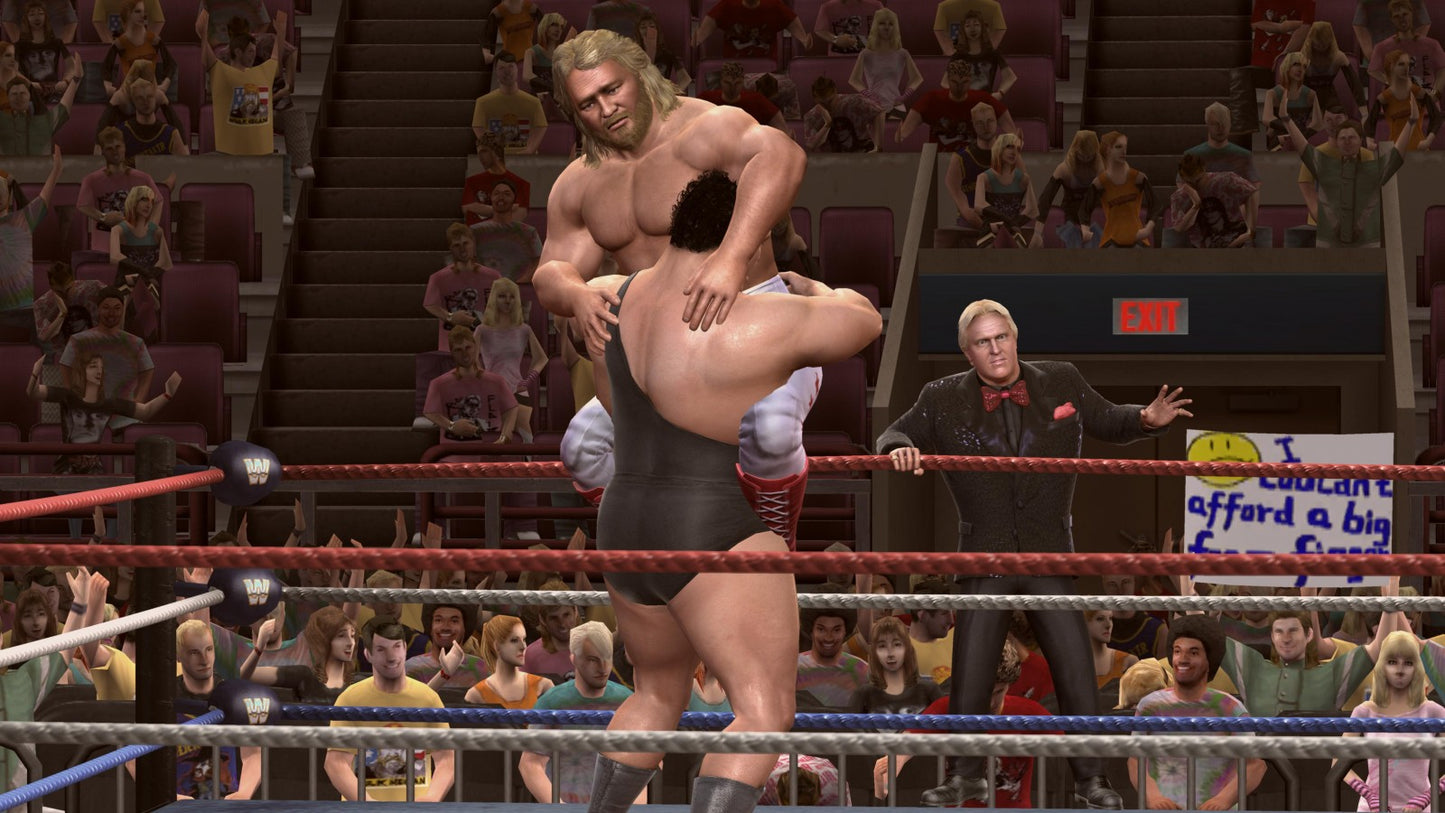 WWE Legends of WrestleMania Xbox 360 wrestling arcade game classic roster Hulk Hogan Andre the Giant Stone Cold The Rock relive historic WrestleMania moments gameplay