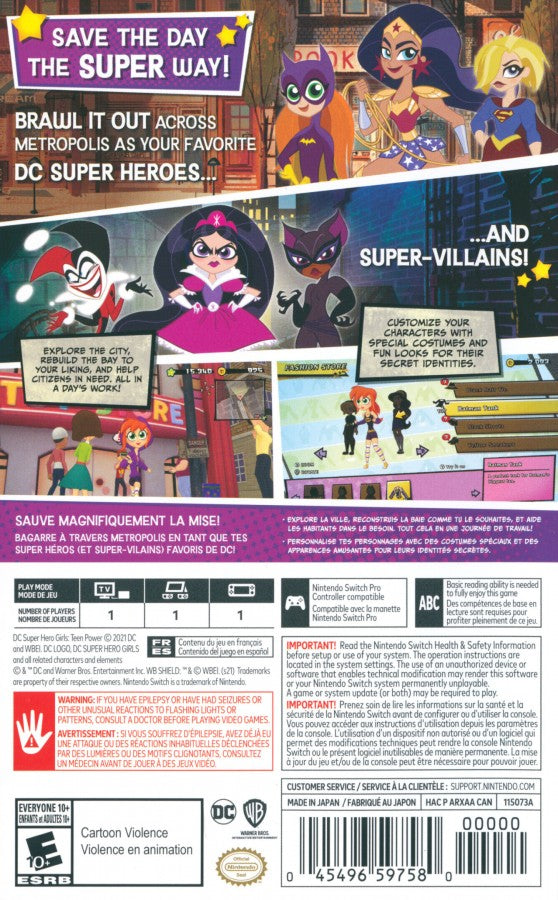 DC Super Hero Girls Teen Power Nintendo Switch inspired design featuring superhero action adventure aesthetic iconic DC heroines teamwork missions colorful comic inspired world youthful hero training fast paced gameplay family friendly presentation back cover