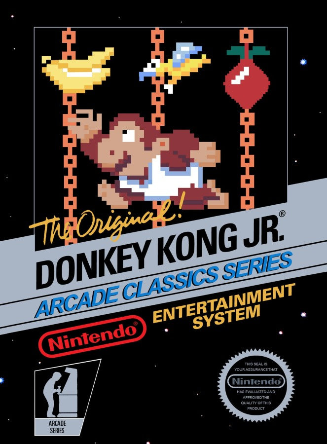 Donkey Kong Jr 5 Screw Nintendo Entertainment System NES video game featuring classic arcade platforming gameplay Donkey Kong Jr character climbing vines jumping between platforms fruit collecting key grabbing obstacles avoiding Snapjaws and enemies rescuing Donkey Kong from Mario and classic 8 bit Nintendo arcade action retro video game collection collectible gaming appeal front cover art