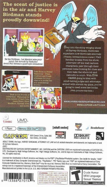 Harvey Birdman: Attorney at Law back of box for PlayStation Portable (PSP) adventure visual novel video game
