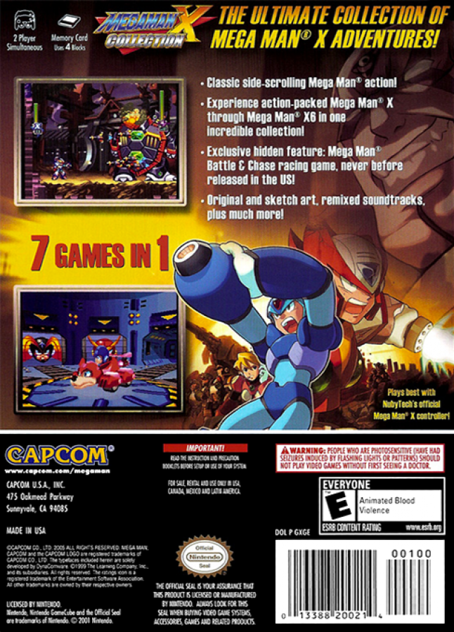 Mega Man X Collection back of case for GameCube (GC) action platformer video game compilation