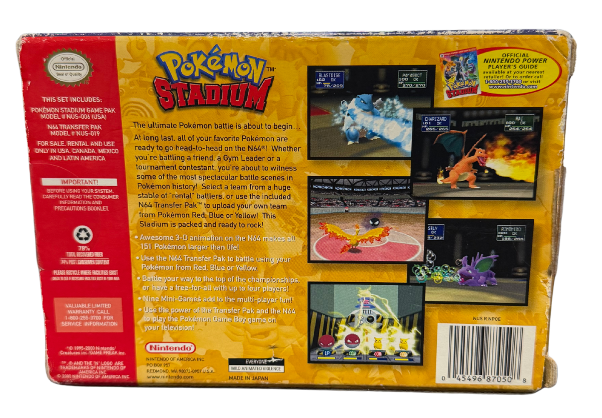 Pokemon Stadium Nintendo 64 N64 battle simulator game 3D Pokemon battles transfer pak compatibility mini games tournament mode multiplayer Nintendo classic retro gaming cartridge video game title gameplay back of box