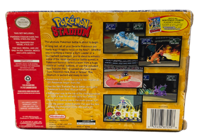 Pokemon Stadium Nintendo 64 N64 battle simulator game 3D Pokemon battles transfer pak compatibility mini games tournament mode multiplayer Nintendo classic retro gaming cartridge video game title gameplay back of box