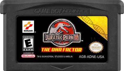 Jurassic Park III DNA Factor Game Boy Advance GBA video game featuring Jurassic Park dinosaur adventure gameplay DNA research challenges puzzle solving prehistoric environments dinosaur encounters island exploration and classic handheld Nintendo action retro video game collection collectible gaming appeal cartridge 
