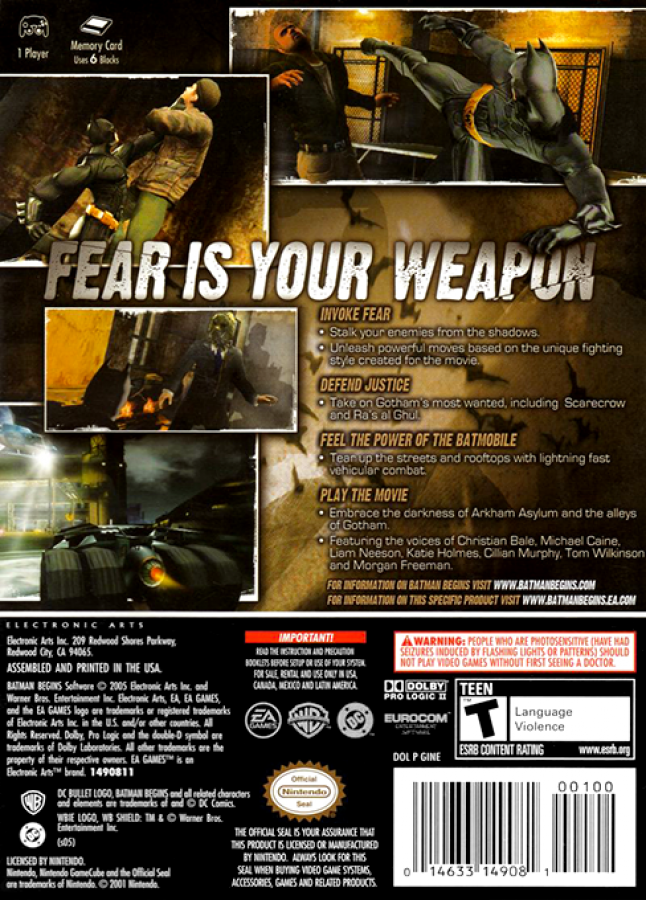 Batman Begins GameCube GC video game, action stealth adventure, superhero gameplay, movie tie-in, combat and stealth mechanics, Nintendo GameCube title back cover