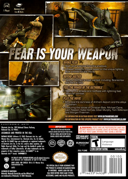 Batman Begins GameCube GC video game, action stealth adventure, superhero gameplay, movie tie-in, combat and stealth mechanics, Nintendo GameCube title back cover
